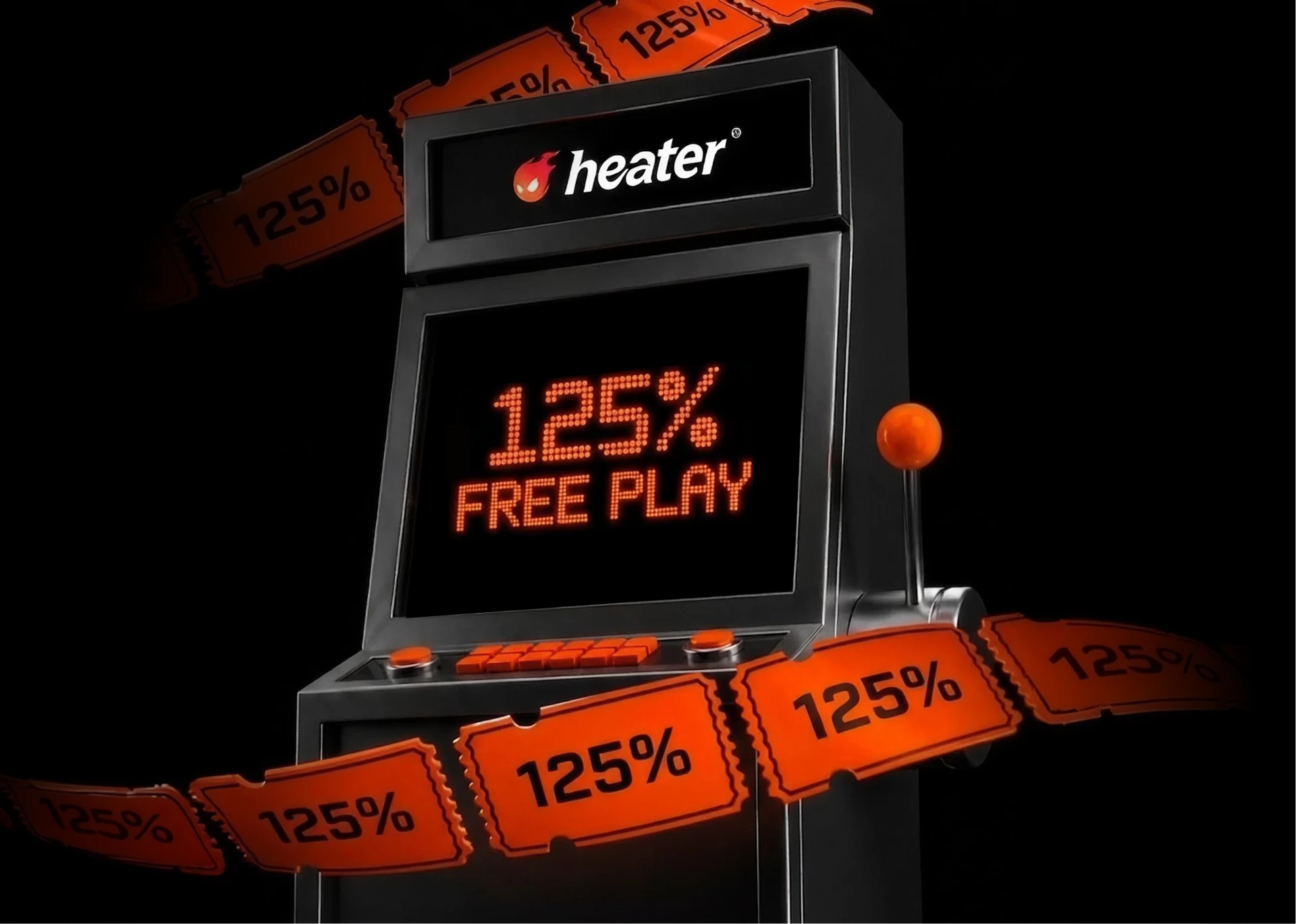 Heater arcade machine displaying 125% free play bonus with orange tickets